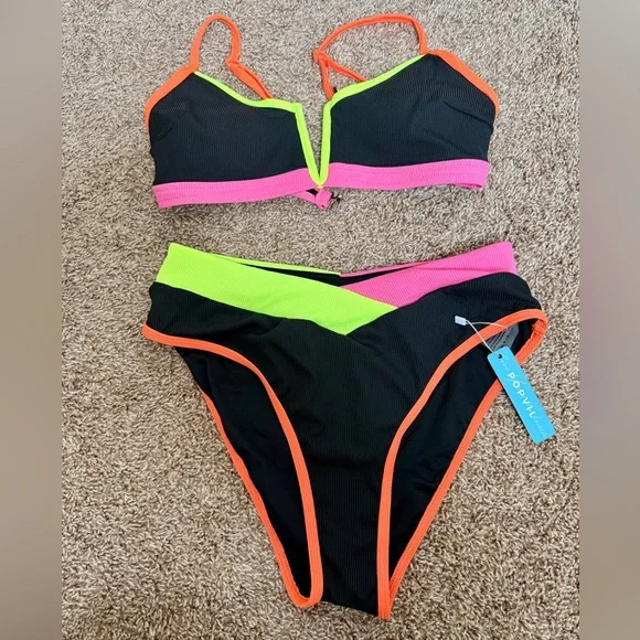 NWT POPVIL bikini ribbed black and neon - Picture 2 of 3